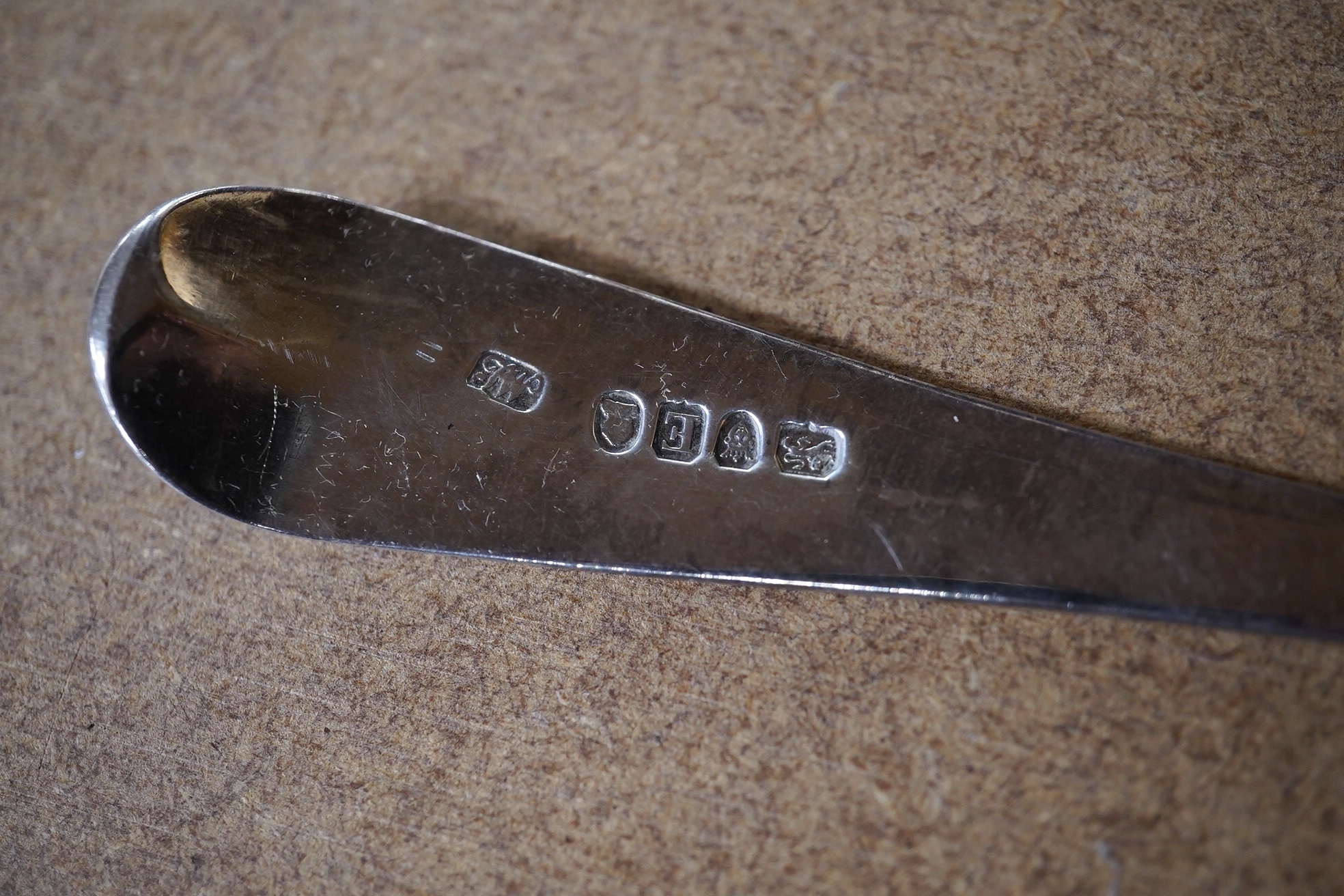 A George III silver Old English pattern basting spoon, London, 1800, 30.6cm, 86 grams. Condition - fair